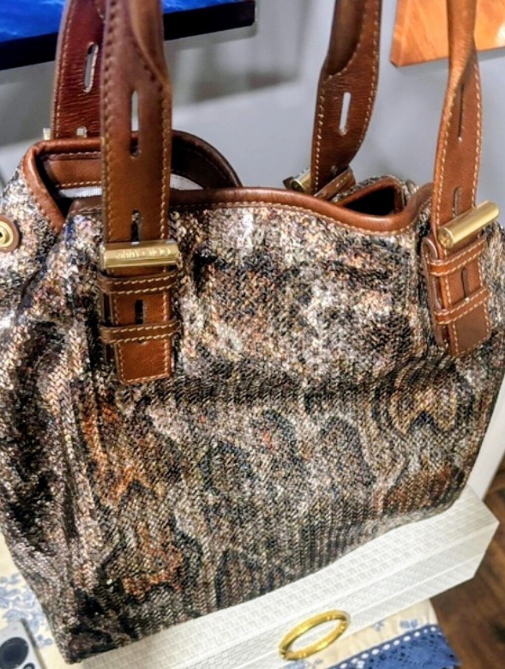 Jimmy Choo Sequined Python Snake Pattern Leather "Bea" Tote - Picture 11 of 11